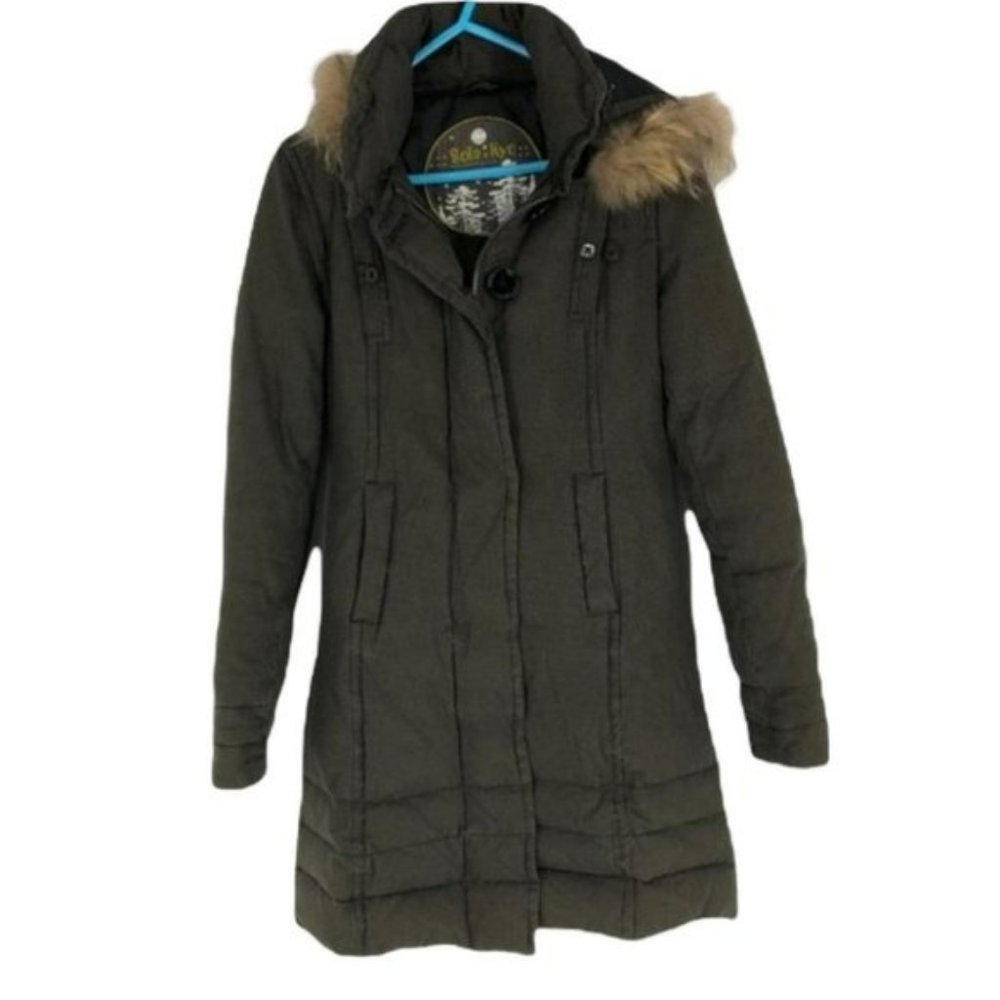 Soia  &  Kyo green brown houndstooth parka  fur trim hood XXS